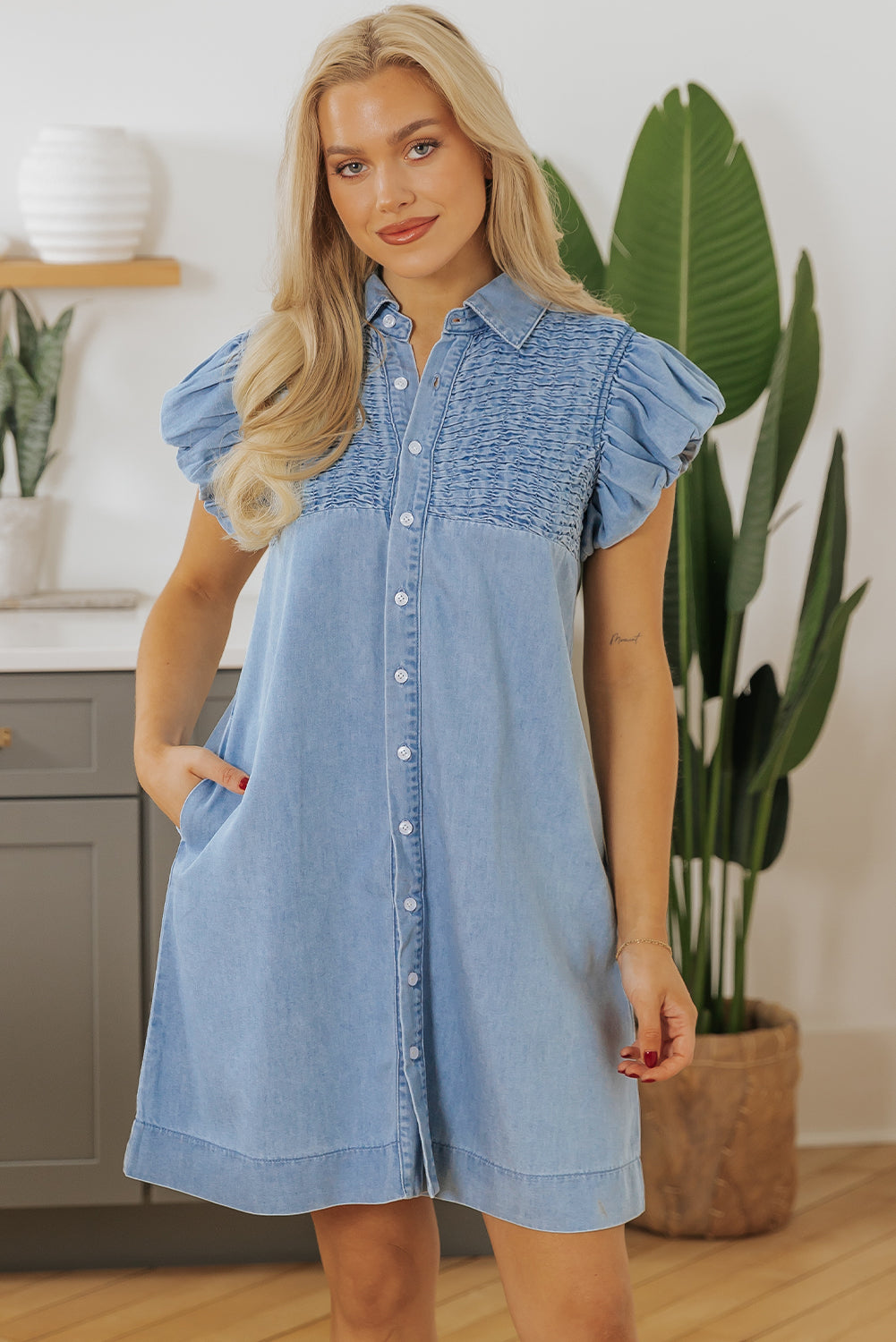 Beau Blue Flutter Sleeve Shirred Detail Button Up Denim Mini Dress