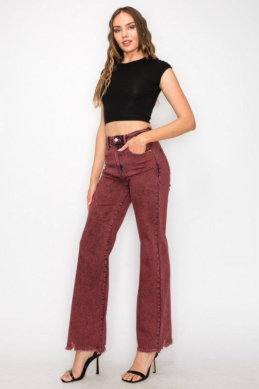 TUMMY CONTROL BURGUNDY HIGH RISE FLARE JEANS