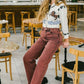 TUMMY CONTROL BURGUNDY HIGH RISE FLARE JEANS