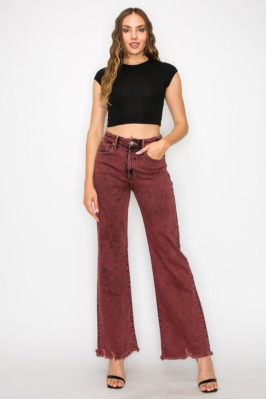 TUMMY CONTROL BURGUNDY HIGH RISE FLARE JEANS