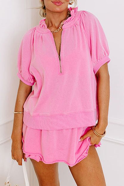 Pink Half Zip Puff Sleeve Top and Ruffle Shorts Set