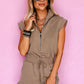 Dark Khaki Textured Short Sleeve Half Zip Drawstring Waist Romper