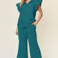 Double Take Texture Ruffle Short Sleeve Top and Drawstring Wide Leg Pants Set