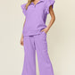 Double Take Texture Ruffle Short Sleeve Top and Drawstring Wide Leg Pants Set