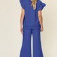 Double Take Texture Ruffle Short Sleeve Top and Drawstring Wide Leg Pants Set