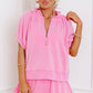 Pink Half Zip Puff Sleeve Top and Ruffle Shorts Set