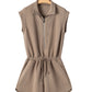 Dark Khaki Textured Short Sleeve Half Zip Drawstring Waist Romper