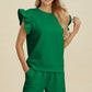 Double Take Full Size Texture Round Neck Ruffle Sleeve Top and Shorts Set