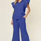 Double Take Texture Ruffle Short Sleeve Top and Drawstring Wide Leg Pants Set