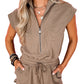 Dark Khaki Textured Short Sleeve Half Zip Drawstring Waist Romper