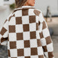 Checkered Snap Down Long Sleeve Teddy Jacket