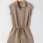 Dark Khaki Textured Short Sleeve Half Zip Drawstring Waist Romper