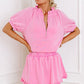 Pink Half Zip Puff Sleeve Top and Ruffle Shorts Set