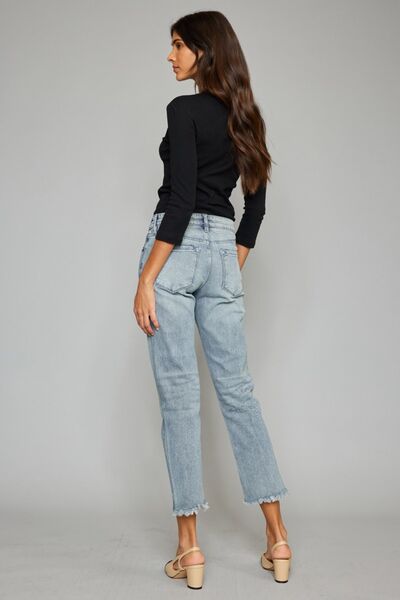 Kancan High Waist Button Fly Raw Hem Cropped Straight Jeans