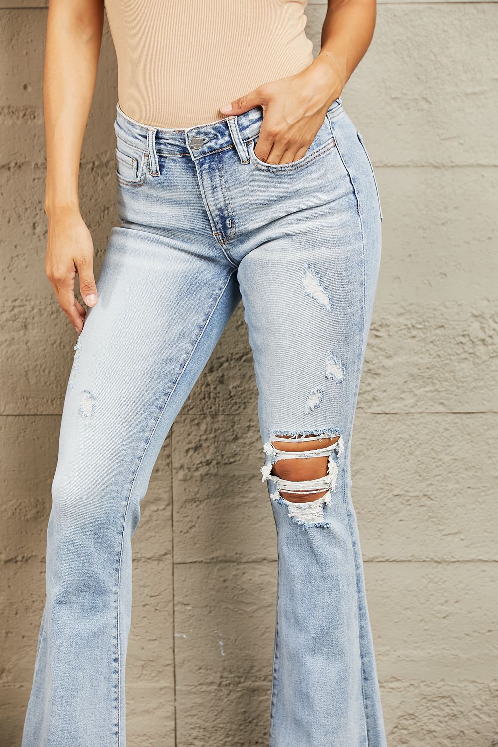 BAYEAS Mid Rise Distressed Flare Jeans