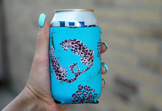 Leopards on Turquoise can cooler